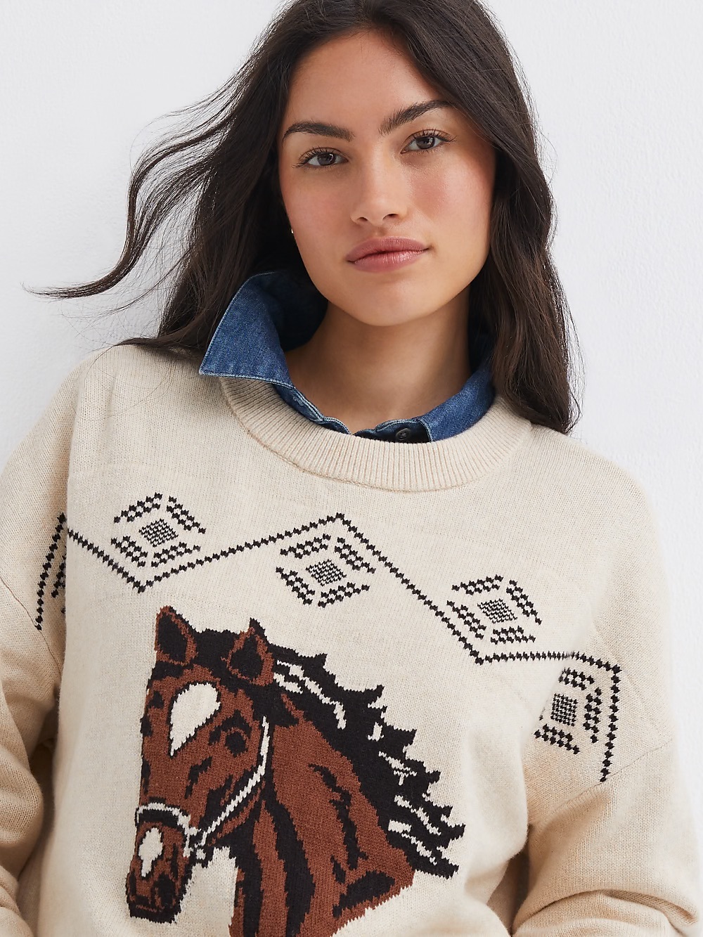LOFT Cream Sweater with Brown & Black Horse Intarsia